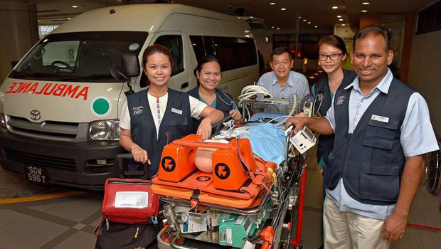  ​Some members of KKH’s Chets team (from far left) assistant nurse clinician Poh Pei Fen, Dr Karen D. Nadua, ambulance driver Simon Lee, Dr Kelly Low and nurse manager Chandra Sekaran P.  ST PHOTO FELINE LIM